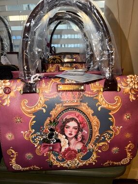 Nicole Lee Burgundy Satchel with Gold Crown Emblem